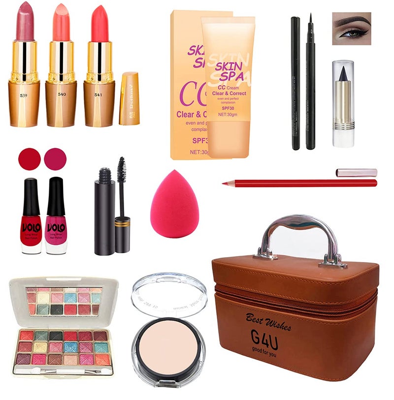 G4U G4U All in One Makeup Kit Gift SetEyeshadowEyeliner PenFoundation3 LipsticksKajalLip LinerPuffMascara2nail PolishCompactPerfect for Party Wedding makeup With Makeup BoxSet Of 14Pcs ST 33 - Image 1