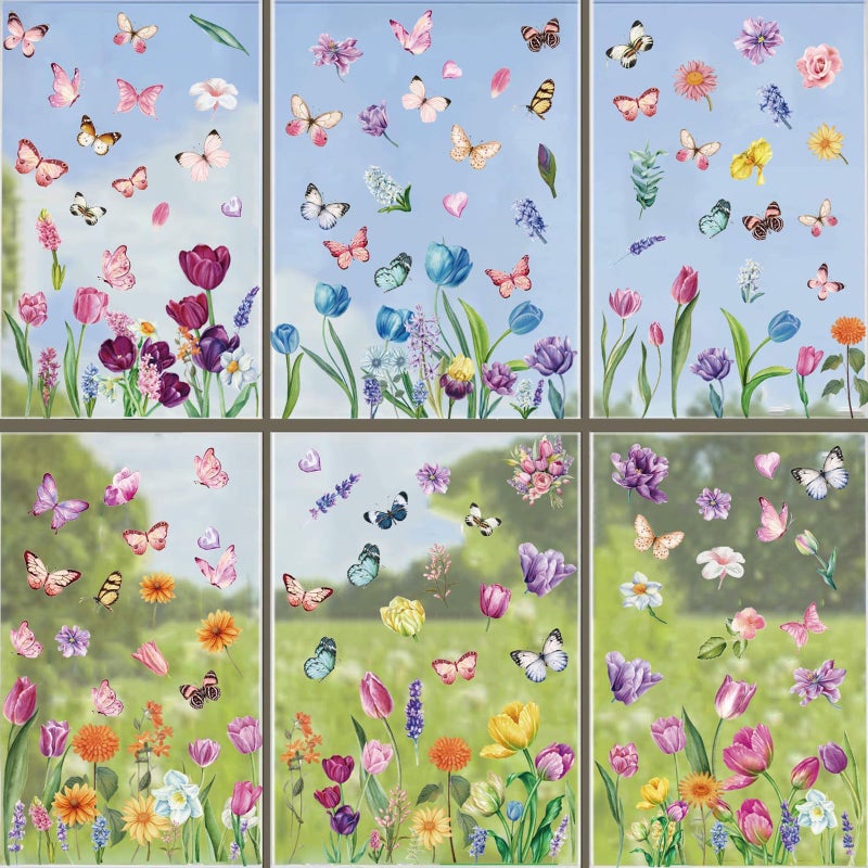 Afmivs Spring Window Clings for Glass Windows Easter, 132pcs Flower Window Clings Butterfly Floral Decorations, 9 Sheets Spring Window Stickers Decals for Classroom Home Office Indoor Decor Clearance - Image 1
