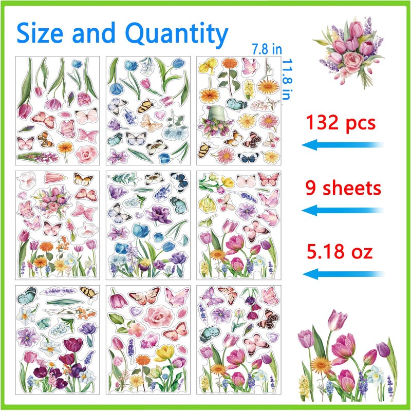Afmivs Spring Window Clings for Glass Windows Easter, 132pcs Flower Window Clings Butterfly Floral Decorations, 9 Sheets Spring Window Stickers Decals for Classroom Home Office Indoor Decor Clearance - Image 2