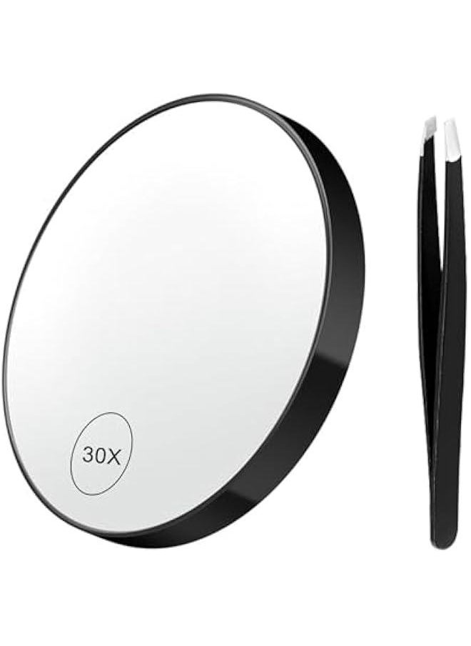 MOXO 30X Magnifying Mirror Bathroom Mirror with Tweezers with Detachable Suction Cup Portable Personal Makeup Mirror Small act Travel Mirrors Carry in Pocket or Handbag Black  - Image 1