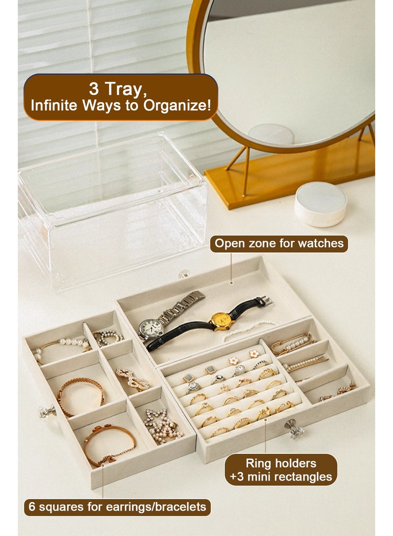 Multi-functional Jewelry Storage Box and Organizer for Women and Girls — Velvet Flannel Finish, Portable Design, 3-Layer Multiple Compartments for Earrings, Rings, Necklaces, Bracelets, Watches and More  - Image 4