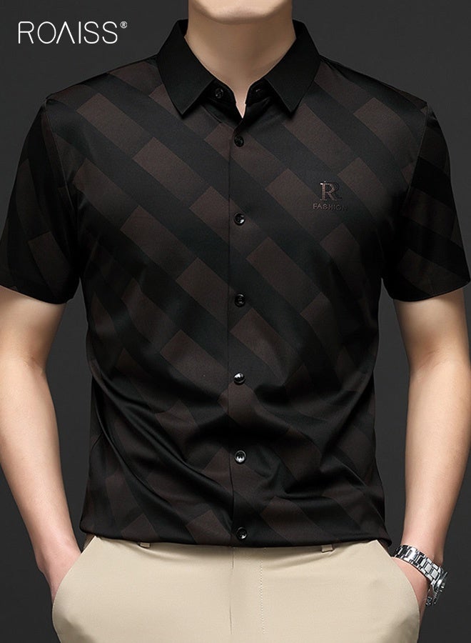 roaiss Men's Wrinkle-Free Short Sleeve Shirt Business Casual Lapel Collar Top with Flowy Drape Versatile Moisture-Wicking Fabric for All-Day Office Comfort Black - Image 1