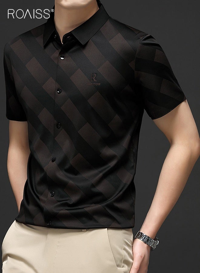 roaiss Men's Wrinkle-Free Short Sleeve Shirt Business Casual Lapel Collar Top with Flowy Drape Versatile Moisture-Wicking Fabric for All-Day Office Comfort Black - Image 2