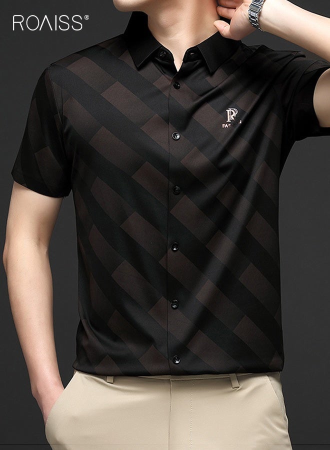 roaiss Men's Wrinkle-Free Short Sleeve Shirt Business Casual Lapel Collar Top with Flowy Drape Versatile Moisture-Wicking Fabric for All-Day Office Comfort Black - Image 3