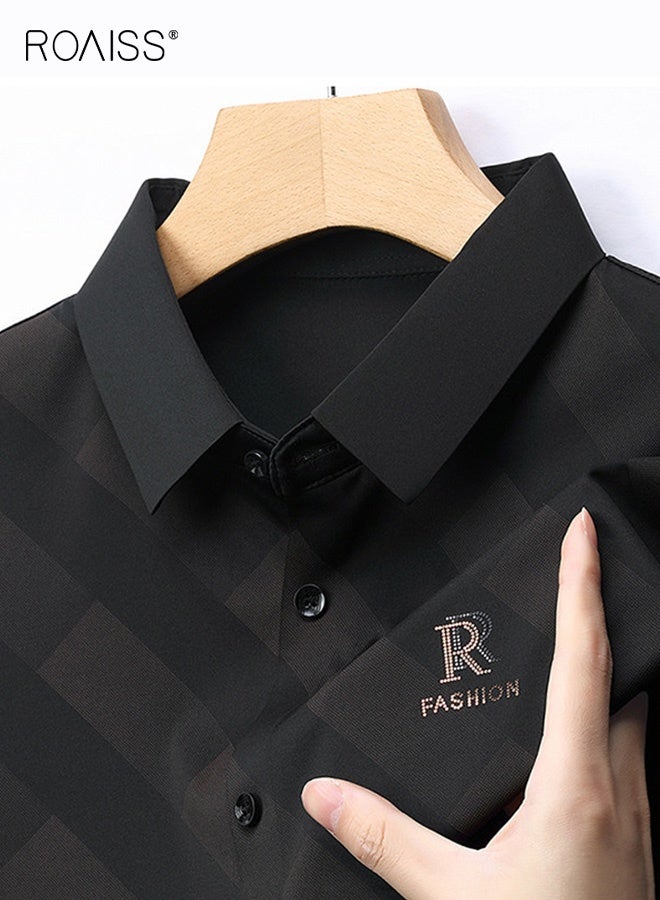 roaiss Men's Wrinkle-Free Short Sleeve Shirt Business Casual Lapel Collar Top with Flowy Drape Versatile Moisture-Wicking Fabric for All-Day Office Comfort Black - Image 5