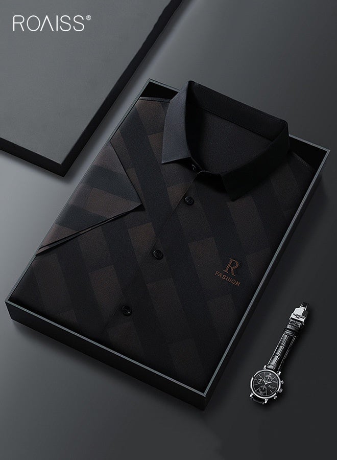 roaiss Men's Wrinkle-Free Short Sleeve Shirt Business Casual Lapel Collar Top with Flowy Drape Versatile Moisture-Wicking Fabric for All-Day Office Comfort Black - Image 4