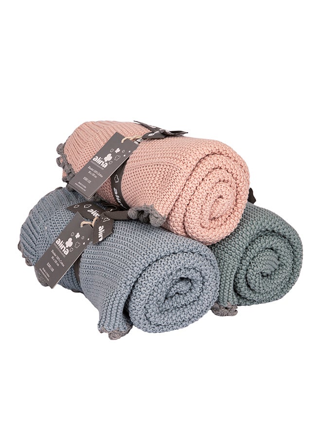 Alina Blanket 100% Cotton Knitted (Mini Moss Stitch With Border Sea Blue ) - Image 3
