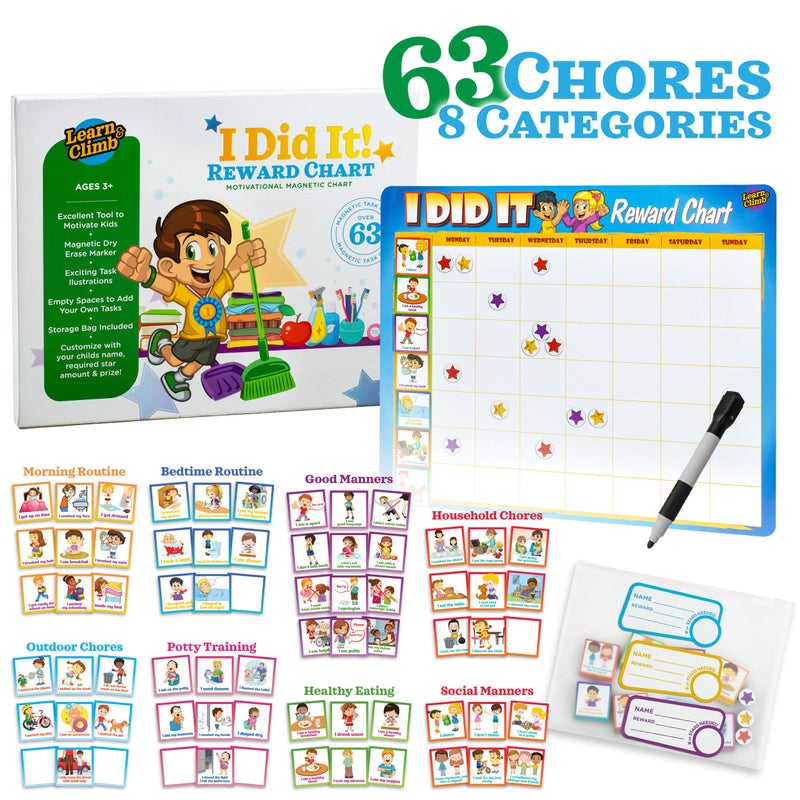 Learn & Climb Kids Behavior Reward Chart - 63 Chores as Potty Train, & More. â€œThick Magneticâ€ Responsibility Chart Board/Tasks-for Multiple Kids - Image 2