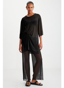 GRIMELANGE Florizel Women's Polyester Short Sleeve Front Knot Detail Long Black Blouse  - Image 2