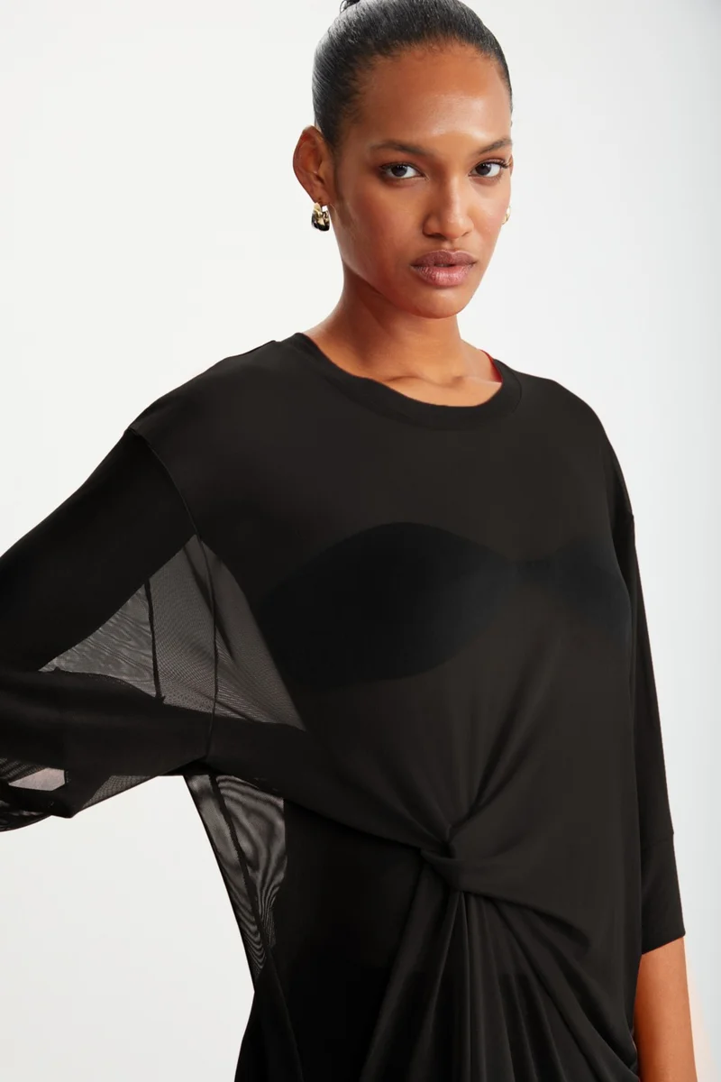 جريميلانج Florizel Women's Polyester Short Sleeve Front Knot Detail Long Black Blouse