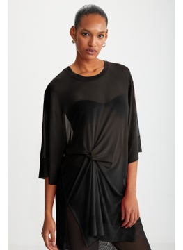 GRIMELANGE Florizel Women's Polyester Short Sleeve Front Knot Detail Long Black Blouse  - Image 1
