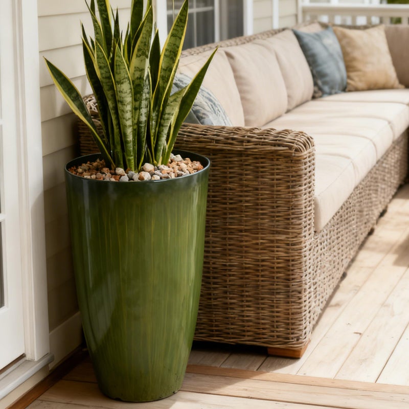 Worth Garden 23.5" H. Large Plastic Planters - Set of 2 Gradient Green Glossy Smooth Finish - Tall Plant Pots for Indoor & Outdoor Use - Decorative Lightweight Flower Pots for Front Porch, Patio, Deck - Image 3