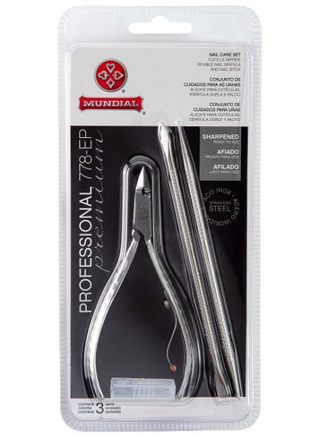 Mundial Nail Care 3 Piece Set - Professional Stainless Steel Cuticle Nippers with Double Nail Spatula and Pusher, Manicure, and Pedicure Trimmer Kit