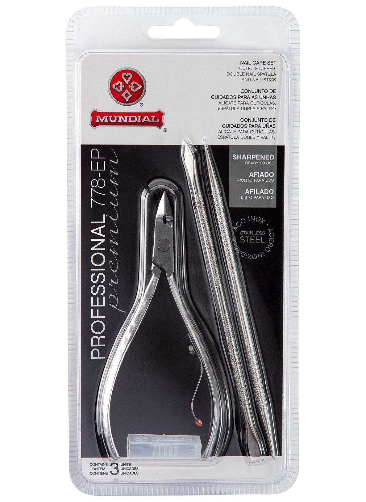 Mundial - Mundial Nail Care 3 Piece Set - Professional Stainless Steel Cuticle Nippers with Double Nail Spatula and Pusher, Manicure, and Pedicure Trimmer Kit - Image 1