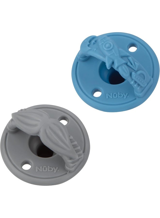 Nuby 3-D Sili Soother Pacifiers with Soft Handle and Two Safety Air Holes, 2 Pack, 0+ Months, Purple Bow and Pink Flowers - Image 2