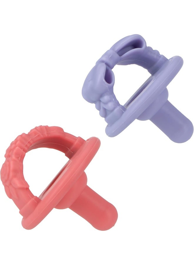Nuby 3-D Sili Soother Pacifiers with Soft Handle and Two Safety Air Holes, 2 Pack, 0+ Months, Purple Bow and Pink Flowers - Image 3