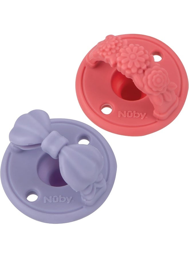 Nuby 3-D Sili Soother Pacifiers with Soft Handle and Two Safety Air Holes, 2 Pack, 0+ Months, Purple Bow and Pink Flowers - Image 1