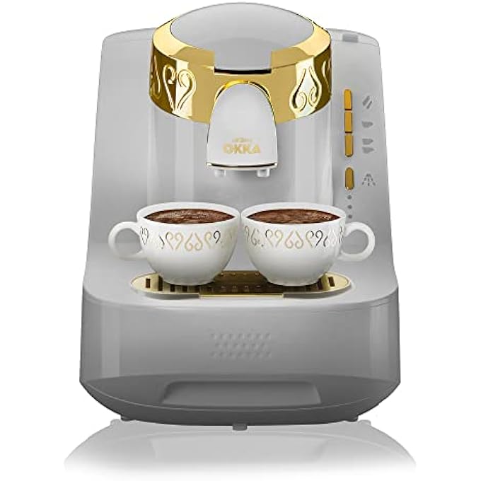ارزوم اوكا ماكينة صنع القهوة التركية الكهربائية Ok008 مع رغوة مثالية وكشف تلقائي للارتفاع وتنظيف ذاتي وتحضير بطيء وخدمة مباشرة باللون الأبيض الذهبي - Image 1