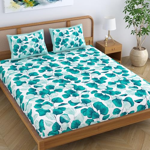 Colorish Cotton Blend Jaipur Printed Floral Double Bedsheet King Size with 2 Pillow Covers, Turquoise - Image 1