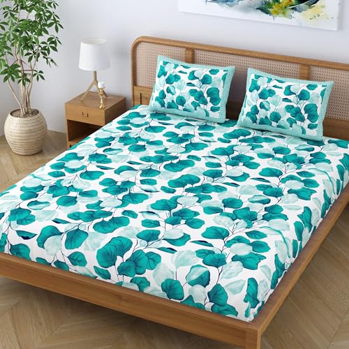 Colorish Cotton Blend Jaipur Printed Floral Double Bedsheet King Size with 2 Pillow Covers, Turquoise - Image 4