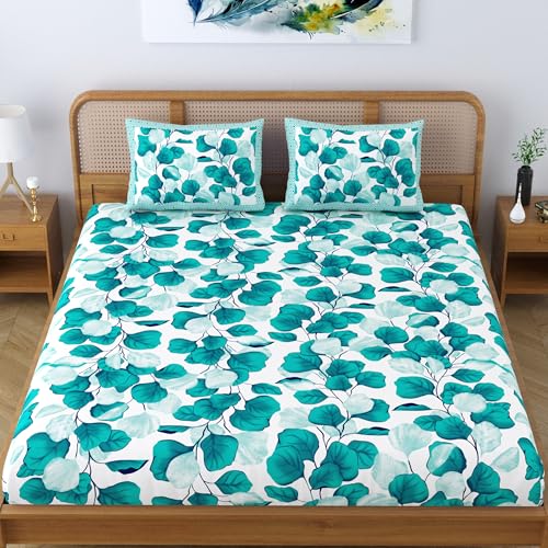 Colorish Cotton Blend Jaipur Printed Floral Double Bedsheet King Size with 2 Pillow Covers, Turquoise - Image 3
