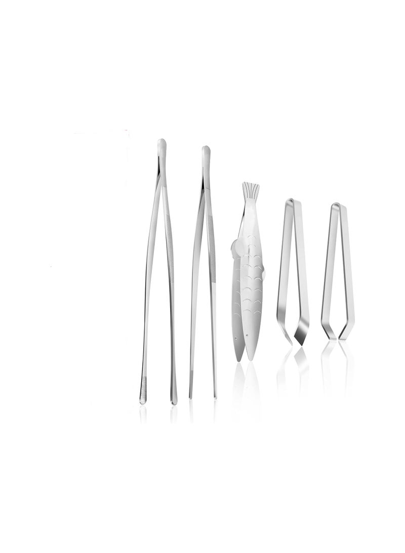 KASTWAVE Stainless Steel Food Tong Serving Tong, 5Pcs Fish Bone Tweezers Set, Buffet Tongs, Kitchen Fine Tweezer Tongs Long Tweezers for Cooking ,Sea food, BBQ, Multi-use - Image 1