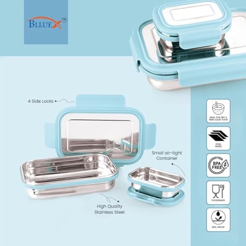 BLLUEX Bento Lunch Box, Stainless Steel Tiffin Lunch Box Container with 4 Side Clip Lock Lid for Office & School Use/Food Grade/Air Tight/Easy to Carry/Leak Proof(750ml 1pc + 250ml 1 Pc) Blue - Image 4