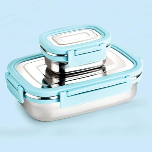 BLLUEX Bento Lunch Box, Stainless Steel Tiffin Lunch Box Container with 4 Side Clip Lock Lid for Office & School Use/Food Grade/Air Tight/Easy to Carry/Leak Proof(750ml 1pc + 250ml 1 Pc) Blue - Image 3