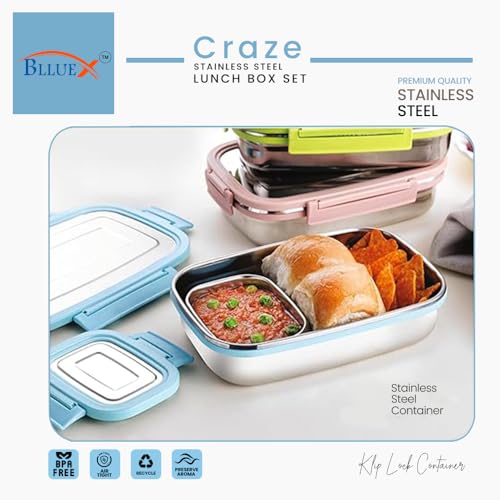 BLLUEX Bento Lunch Box, Stainless Steel Tiffin Lunch Box Container with 4 Side Clip Lock Lid for Office & School Use/Food Grade/Air Tight/Easy to Carry/Leak Proof(750ml 1pc + 250ml 1 Pc) Blue - Image 5