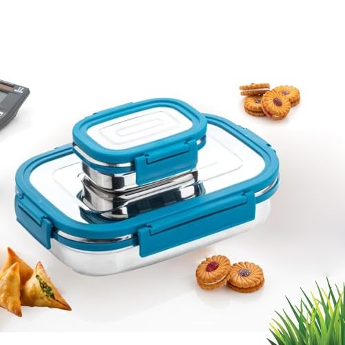 BLLUEX Bento Lunch Box, Stainless Steel Tiffin Lunch Box Container with 4 Side Clip Lock Lid for Office & School Use/Food Grade/Air Tight/Easy to Carry/Leak Proof(750ml 1pc + 250ml 1 Pc) Blue - Image 2