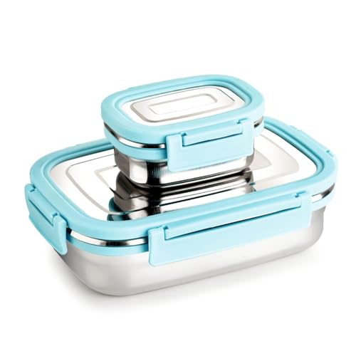 BLLUEX Bento Lunch Box, Stainless Steel Tiffin Lunch Box Container with 4 Side Clip Lock Lid for Office & School Use/Food Grade/Air Tight/Easy to Carry/Leak Proof(750ml 1pc + 250ml 1 Pc) Blue - Image 1