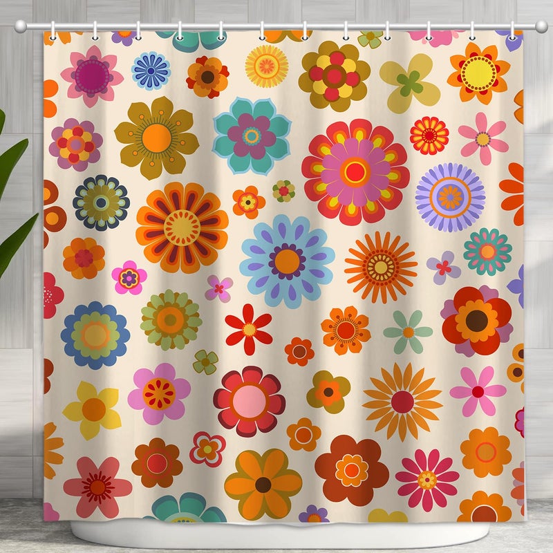 DeeCabin Retro Flower Shower Curtain, Groovy Vintage Hippie Funky 70s Sun Flowers Shower Curtains for Bathroom Decor, Boho Colorful Floral Shower Curtain Set with 12 Hooks, 70X70IN Bath Decor - Image 1