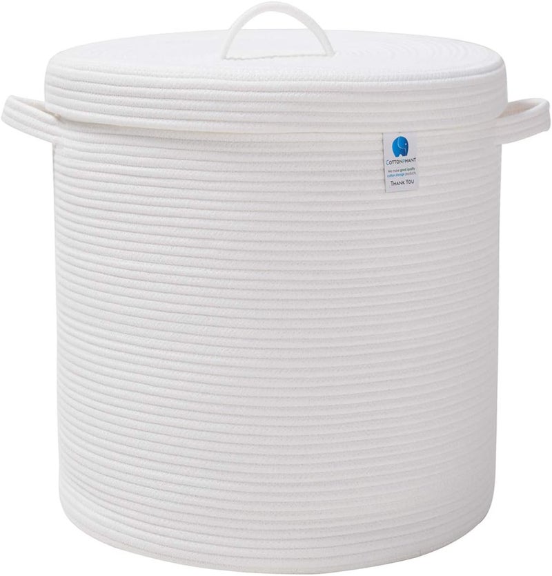 Cottonphant سلة تخزين كبيرة جدًا 16 × 16 × 18 مع غطاء من حبل القطن سلة غسيل سلة قماش للملابس والمناشف والبطانيات والوسائد للتخزين في غرفة المعيشة سلة بيضاء كاملة مع غطاء - Image 1