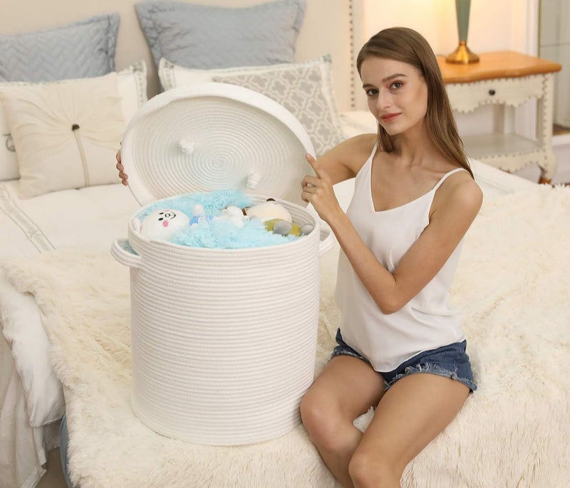 Cottonphant سلة تخزين كبيرة جدًا 16 × 16 × 18 مع غطاء من حبل القطن سلة غسيل سلة قماش للملابس والمناشف والبطانيات والوسائد للتخزين في غرفة المعيشة سلة بيضاء كاملة مع غطاء - Image 3