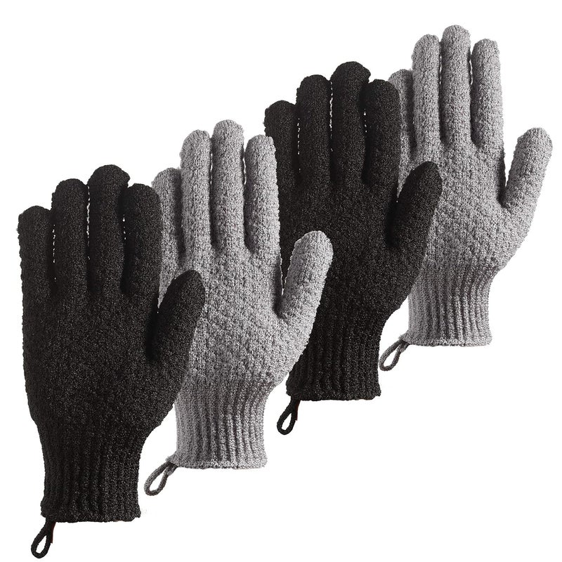 cleedy Bath Exfoliating Gloves - 4 Pcs Lengthened and Large Scrubbing Gloves for Shower, Spa, Massage - Scrub Mitts for Body, Face, Hand and Foot (Black and Gray) - Image 1