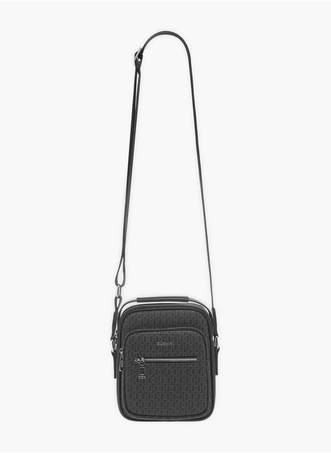 دوتشيني Mens Monogram Print Crossbody Bag With Zip Closure And Adjustable Strap