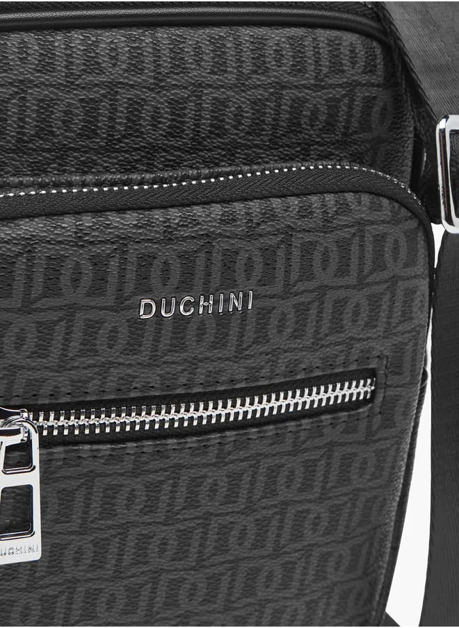 دوتشيني Mens Monogram Print Crossbody Bag With Zip Closure And Adjustable Strap
