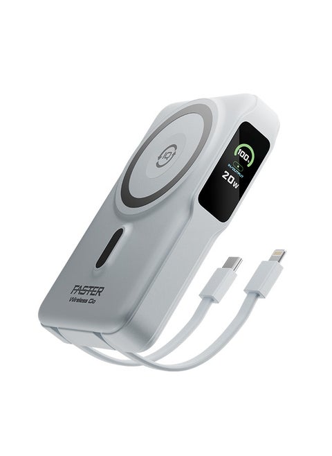 10000 mAh Power Bank with Built-in Cables - 20W Fast Charging Portable Charger - iPhone MagSafe Wireless Power Bank - Portable Mobile Charger with 1 Lightning Cable & 1 USB C Cable - Battery Pack For iPhone Samsung Android - Compact Design with LED Display (White)