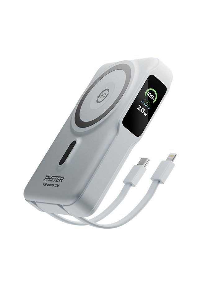 Faster 10000 mAh Power Bank with Built-in Cables - 20W Fast Charging Portable Charger - iPhone MagSafe Wireless Power Bank - Portable Mobile Charger with 1 Lightning Cable & 1 USB C Cable - Battery Pack For iPhone Samsung Android - Compact Design with LED Display (White)  - Image 1