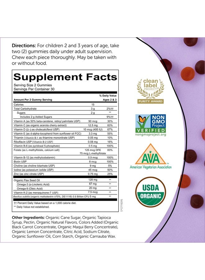 SmartyPants Organic Toddler Multivitamin Daily Gummy Vitamins: Probiotics Vitamin C D3 Zinc & B12 For Immune Support Energy & Digestive Health Fruit Flavor 60 Gummies 30 Day Supply - Image 3