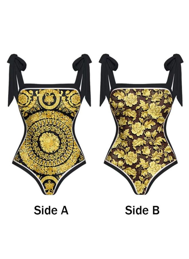 Loquat 2024 European And American Conjoined Conservative Belly-covered Beach Hot Spring Swimsuit Two-piece French Retro Conjoined Bikini-Color:Yellow Double-sided Bikini- - Image 1