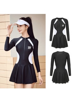 Womens Long-Sleeve Swimwear Slimming Sport Swimsuit E57 black and white cuttings