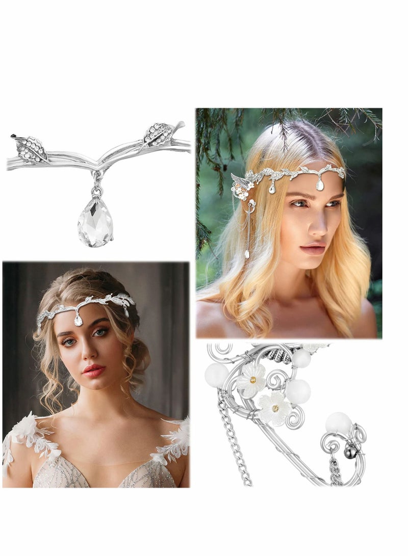 Excefore Rhinestone Fairy Leaf Headband Elf Ear Cuffs Crown Earring Accessory for Cosplay Pageant Wedding Prom - Image 5