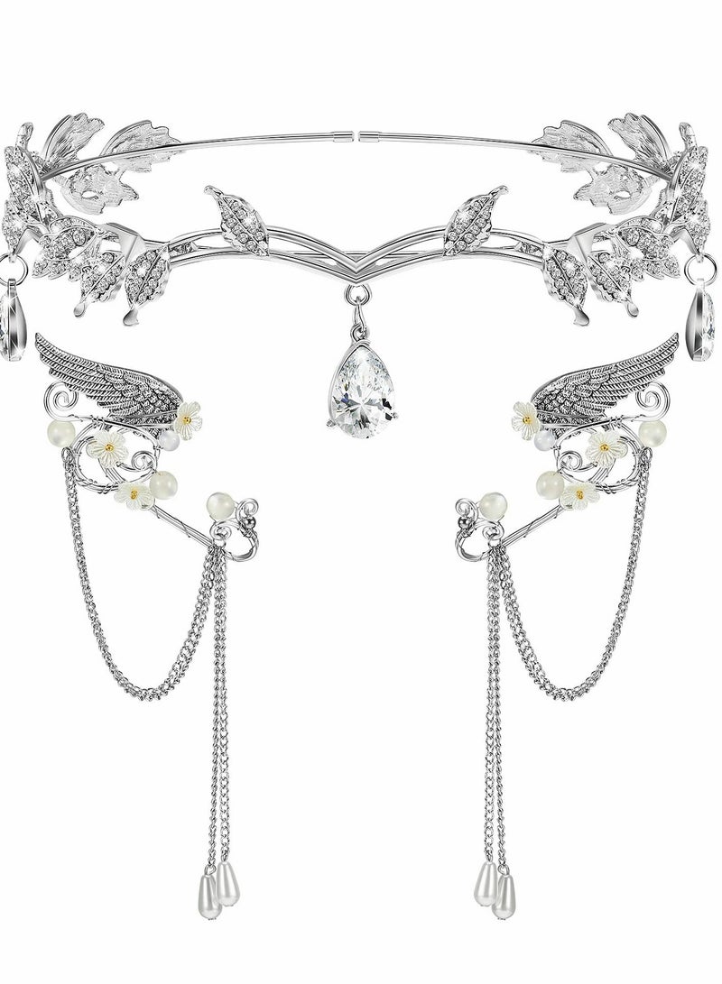 Excefore Rhinestone Fairy Leaf Headband Elf Ear Cuffs Crown Earring Accessory for Cosplay Pageant Wedding Prom - Image 1