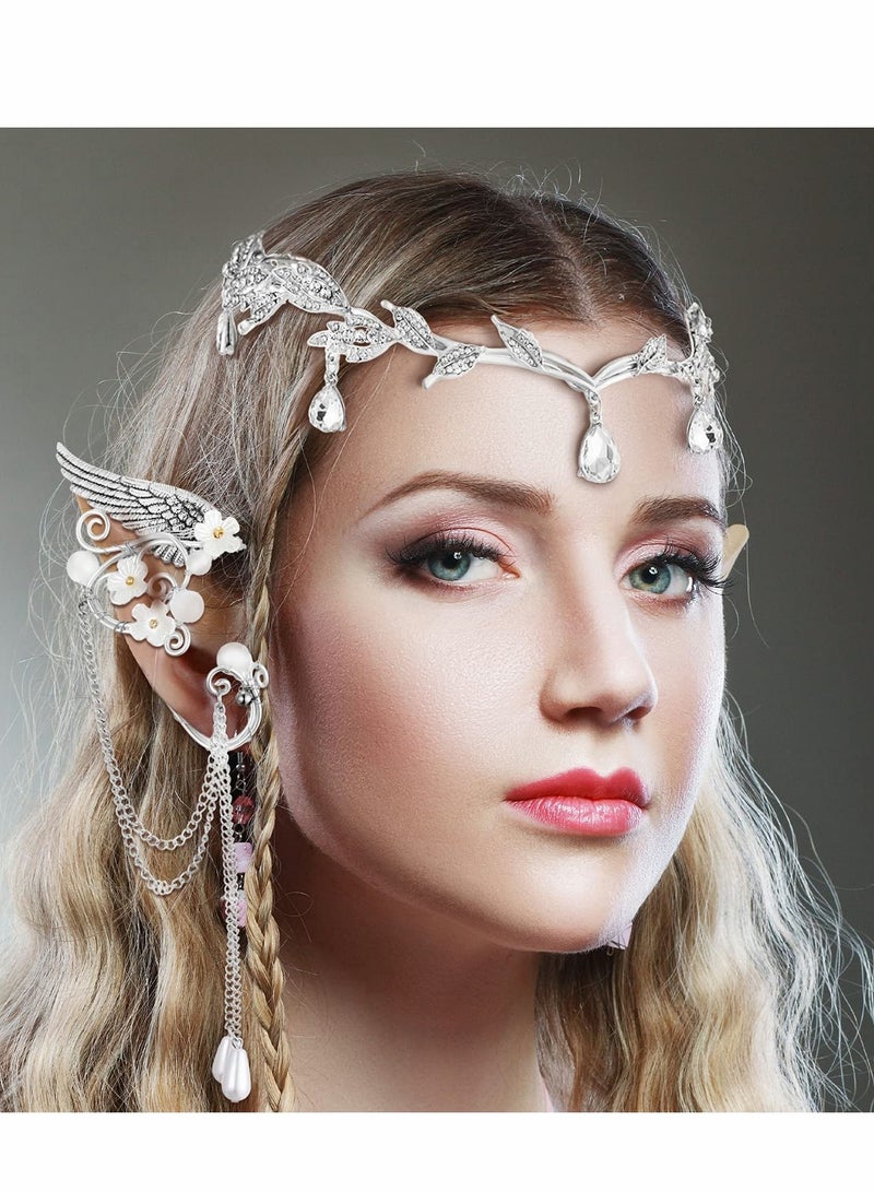 Excefore Rhinestone Fairy Leaf Headband Elf Ear Cuffs Crown Earring Accessory for Cosplay Pageant Wedding Prom - Image 2