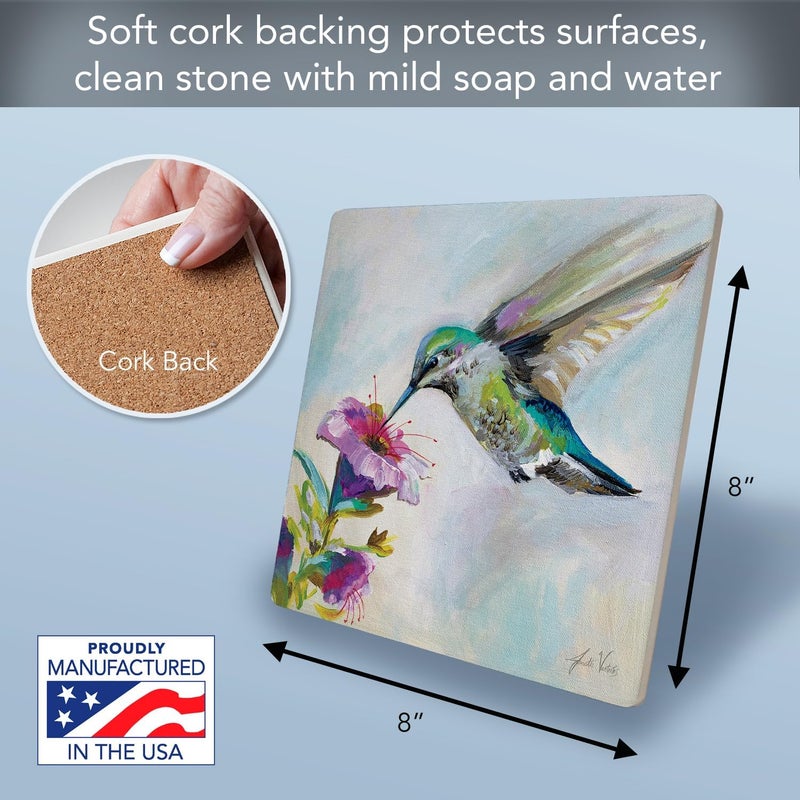 Counterart Hummingbird Delight Decorative Heat Tolerant Stone Trivet with NonSkid Cork Backing 8 Square Artistic Durable Easily Wipes Clean - Image 2