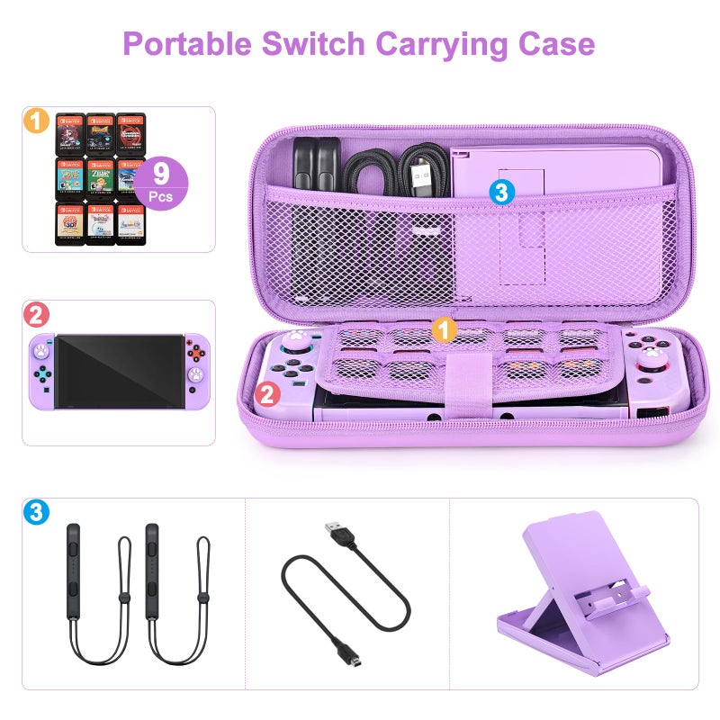 Younik Switch Accessories Bundle, 17 in 1 Purple Switch Accessories Kit for Girls Include Switch Carrying Case, Adjustable Stand, Protective Case for Switch Console & J-Con - Image 2