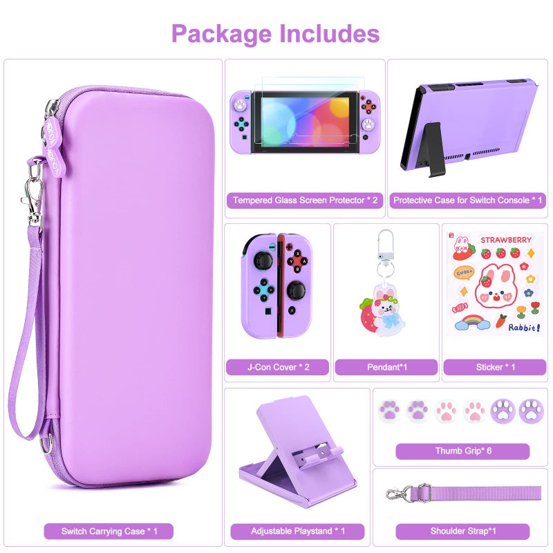 Younik Switch Accessories Bundle, 17 in 1 Purple Switch Accessories Kit for Girls Include Switch Carrying Case, Adjustable Stand, Protective Case for Switch Console & J-Con - Image 4