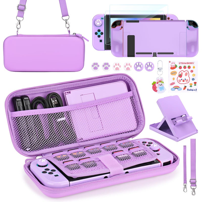 Younik Switch Accessories Bundle, 17 in 1 Purple Switch Accessories Kit for Girls Include Switch Carrying Case, Adjustable Stand, Protective Case for Switch Console & J-Con - Image 1