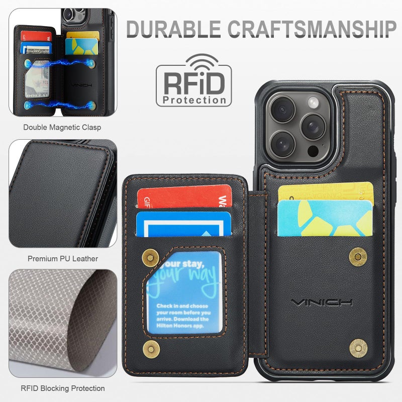 Vinich for iPhone 15 Pro Max Wallet Case with Card Holder, RFID Blocking Credit Slots Kickstand Shockproof Phone Cover Fit for iPhone 15 Pro Max 6.7" Black - Image 5